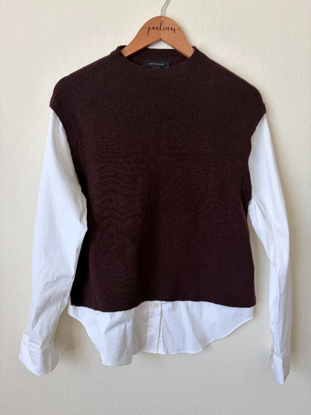 Ann Taylor Sweater Women Small Brown Career Layered Mixed Media Poplin Top S